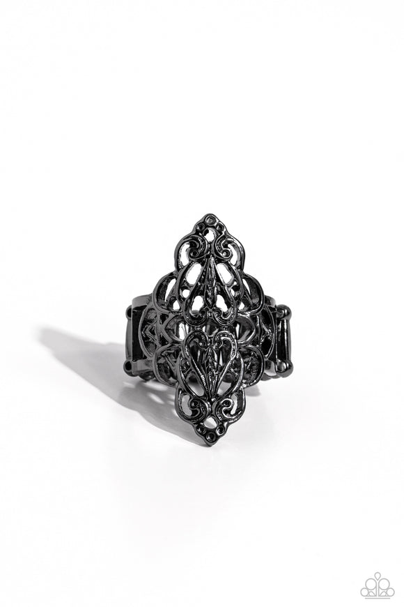 Curled Crown - Black - Paparazzi Gunmetal Filigree Ring