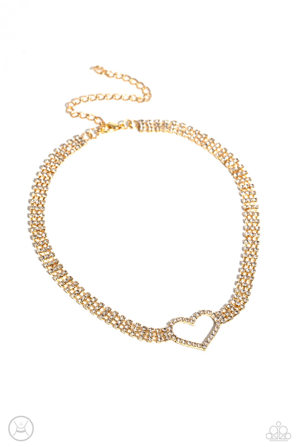 Rows of Romance - Gold - Paparazzi Rhinestone Heart Choker