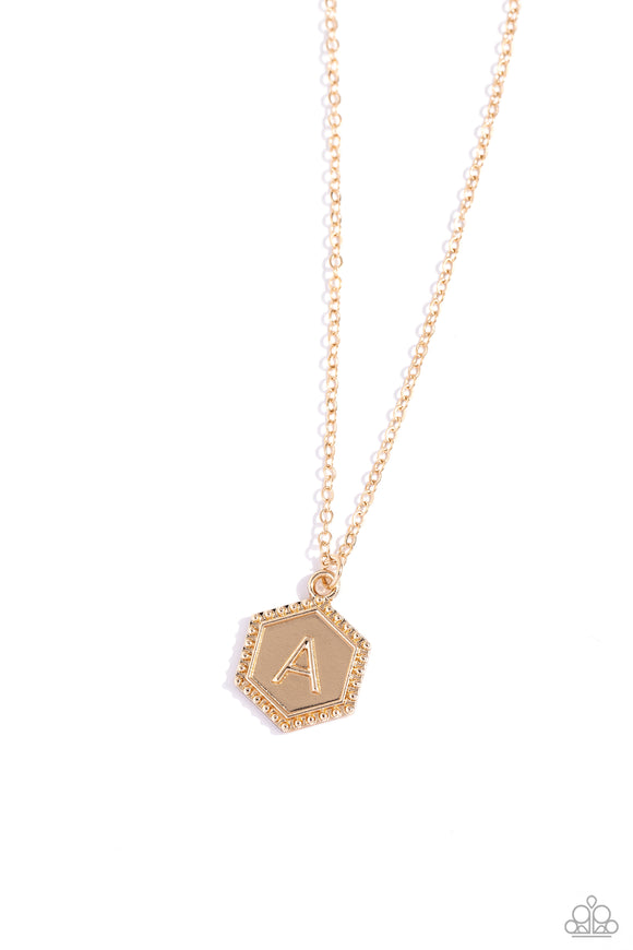 Emblematic Elegance - Gold - A  - Paparazzi Accessories Hexagon Initial Necklace