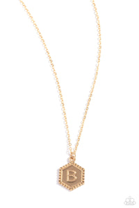 Emblematic Elegance - Gold - B  - Paparazzi Accessories Hexagon Initial Necklace