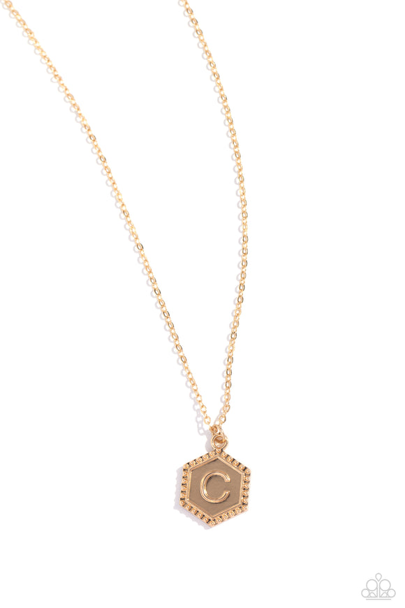 Emblematic Elegance - Gold - C  - Paparazzi Accessories Hexagon Initial Necklace