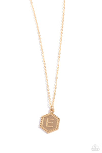 Emblematic Elegance - Gold - E  - Paparazzi Accessories Hexagon Initial Necklace PREORDER