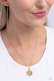 Emblematic Elegance - Gold - F  - Paparazzi Accessories Hexagon Initial Necklace PREORDER