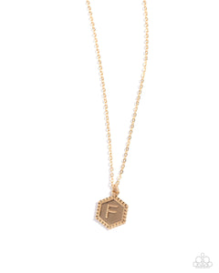 Emblematic Elegance - Gold - F  - Paparazzi Accessories Hexagon Initial Necklace PREORDER