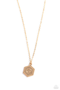 Emblematic Elegance - Gold - G  - Paparazzi Accessories Hexagon Initial Necklace PREORDER