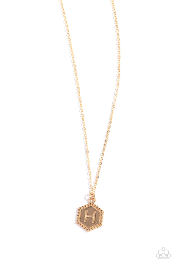 Emblematic Elegance - Gold - H  - Paparazzi Accessories Hexagon Initial Necklace PREORDER