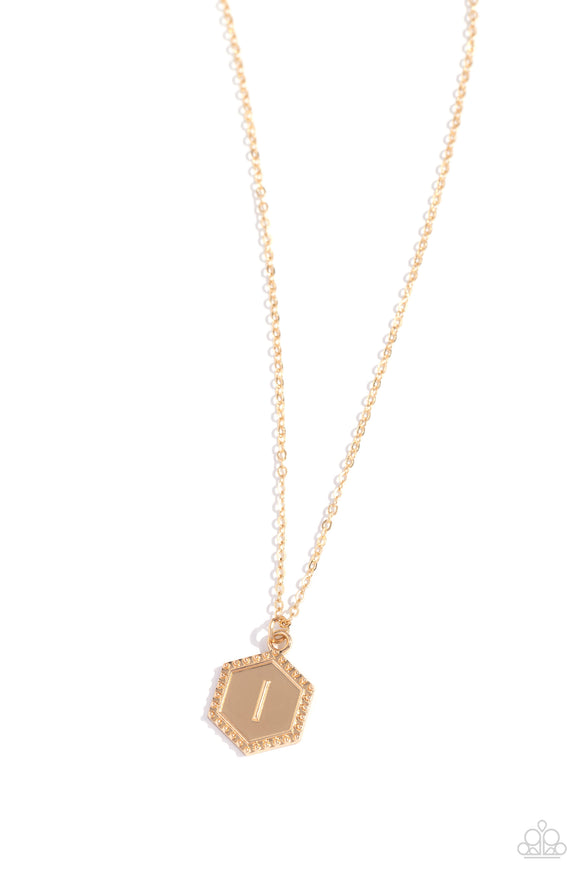 Emblematic Elegance - Gold - I  - Paparazzi Accessories Hexagon Initial Necklace PREORDER