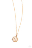 Emblematic Elegance - Gold - N  - Paparazzi Accessories Hexagon Initial Necklace PREORDER