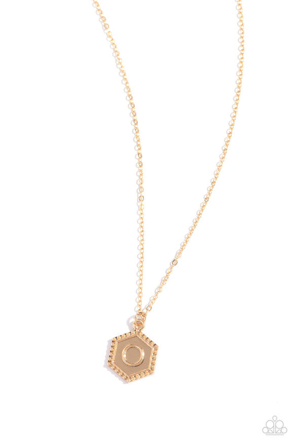 Emblematic Elegance - Gold - O  - Paparazzi Accessories Hexagon Initial Necklace PREORDER