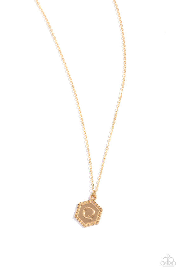 Emblematic Elegance - Gold - Q  - Paparazzi Accessories Hexagon Initial Necklace PREORDER