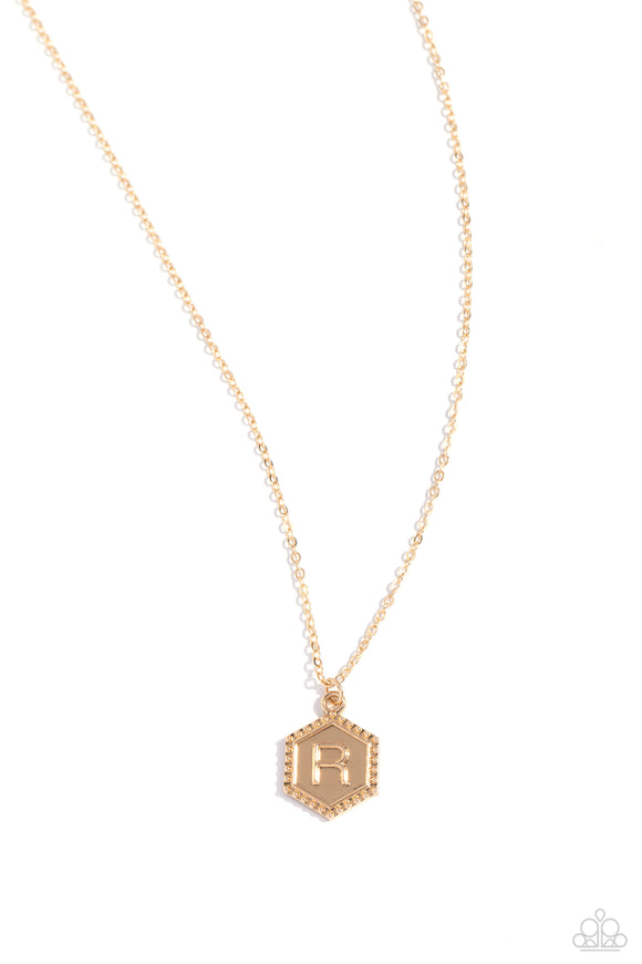 Emblematic Elegance - Gold - R  - Paparazzi Accessories Hexagon Initial Necklace