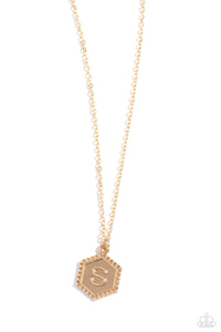 Emblematic Elegance - Gold - S  - Paparazzi Accessories Hexagon Initial Necklace