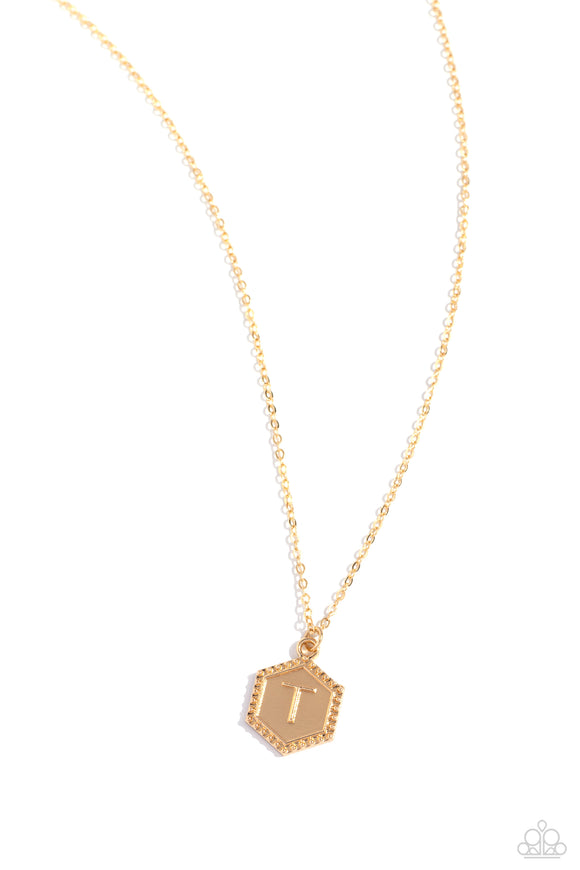 Emblematic Elegance - Gold - T  - Paparazzi Accessories Hexagon Initial Necklace