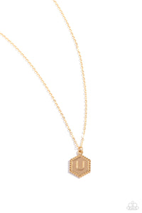 Emblematic Elegance - Gold - U  - Paparazzi Accessories Hexagon Initial Necklace PREORDER