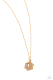 Emblematic Elegance - Gold - V  - Paparazzi Accessories Hexagon Initial Necklace PREORDER