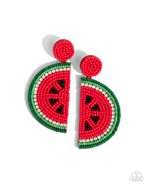 Watermelon Welcome - Red - Seed Bead Post Fruit Earrings