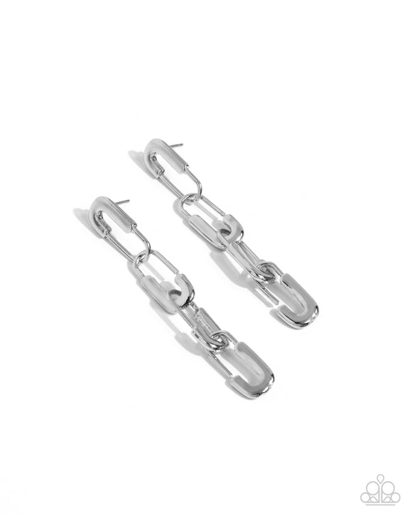 Linked Launch - Silver - Paparazzi Accessories Safety Pin Linked Earrings