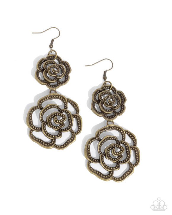 Reminiscent Rosette - Brass - Paparazzi Accessories Rose Earrings