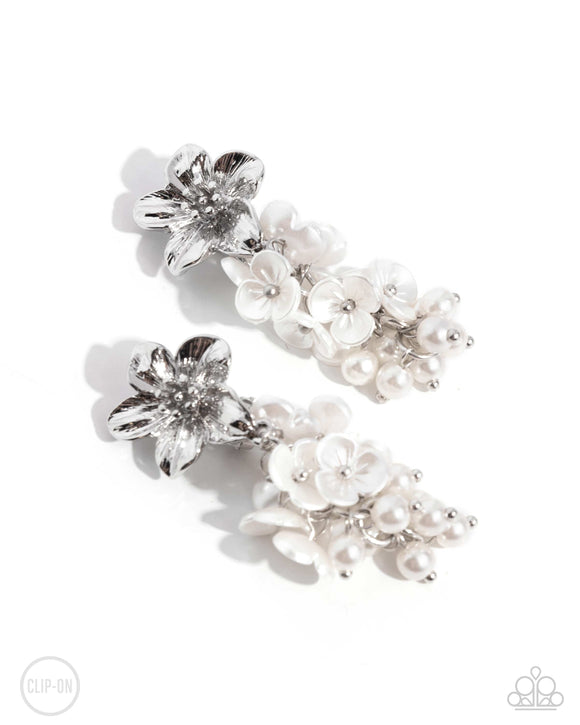 Bouquet Bling - White - Paparzzi Floral Clip-on Earrings