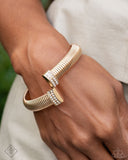 Tailored Transit - Gold & White Rhinestone Flex Cuff Bracelet - Paparazzi Accessories FF1224