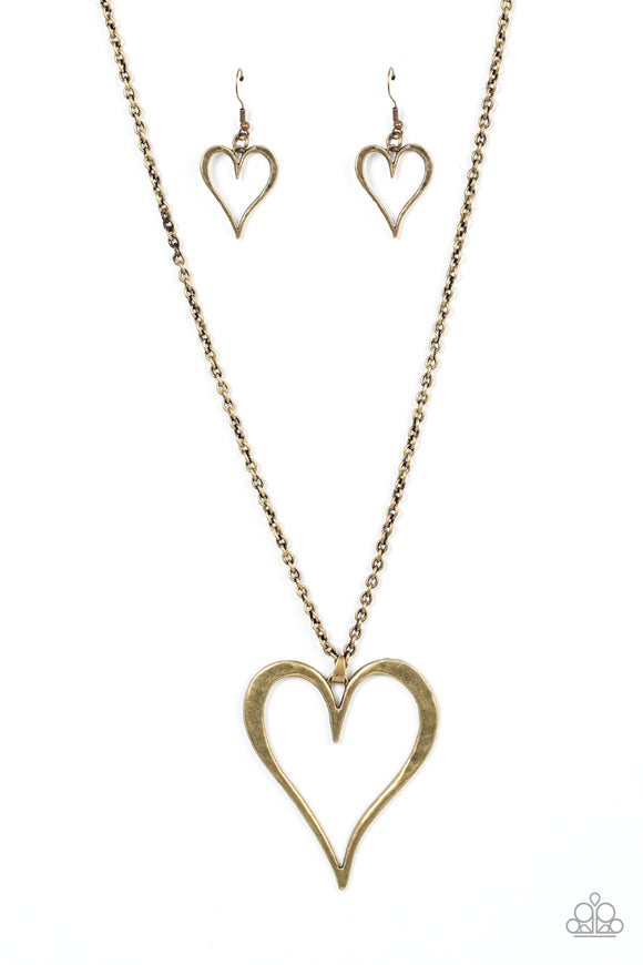 Hopelessly In Love - Brass - Paparazzi Heart Necklace