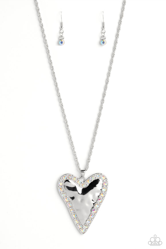 Radiant Romeo - Multi - Paparazzi Silver Hammerred Iridescent  Heart Necklace